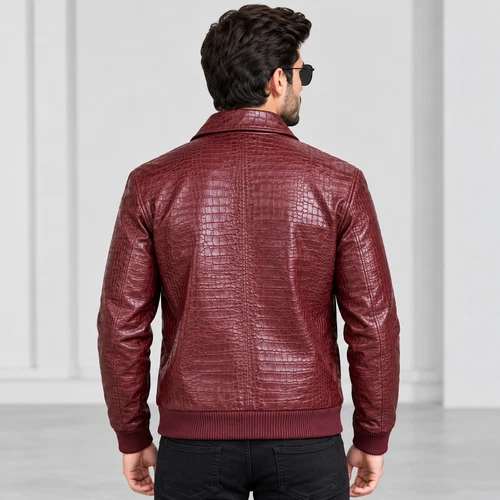 Men’s Burgundy Crocodile Embossed Genuine Leather Bomber Jacket image 4