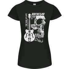 Camiseta de guitarra Rockstar Skull Rock Heavy Metal para mujer corte pequeño
