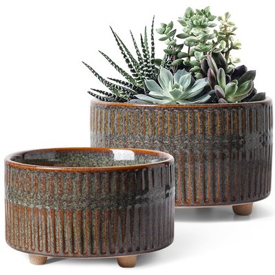 Succulent Pots, 6.5+8 Inch Ceramic Pots for Plants Indoor, Shallow Round Succ...