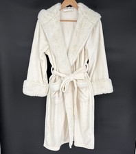 Pottery Barn Women's Faux Fur Lined Hooded Bathrobe S Ivory Cozy Soft Robe