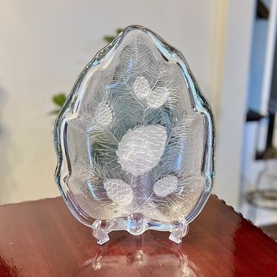 Leaf Shape Frosted Pine Cone Platter Crystal Clear Studios VTG Tray 12.25 
