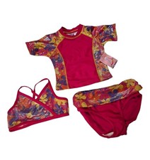 Vintage Y2K BT Kids Girls 3Pc Floral Swim Set 3T Pink Bikini Rash Guard