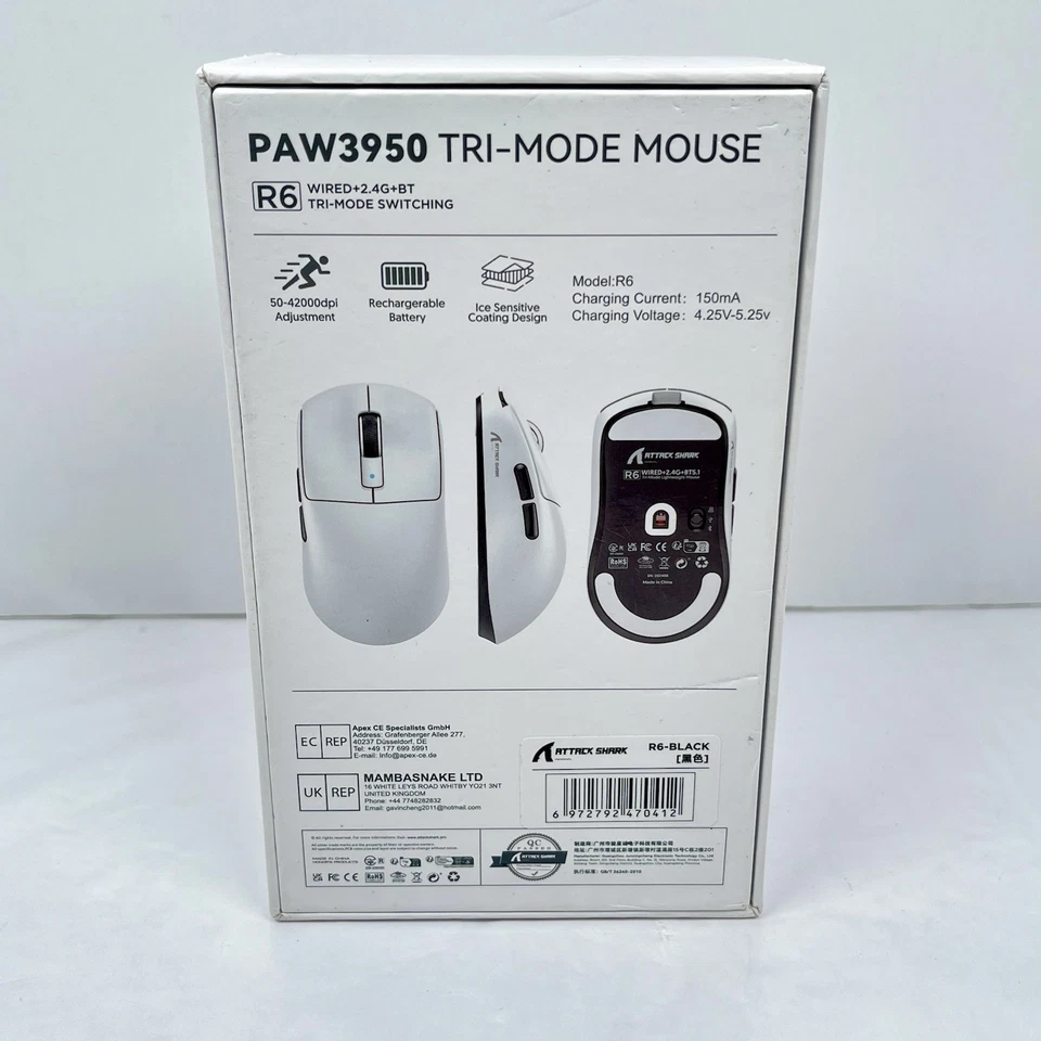 ATTACK SHARK R6 Wireless Gaming Mouse 42000 DPI PAW3950MAX Tri-Mode - Black - Image 3 of 4