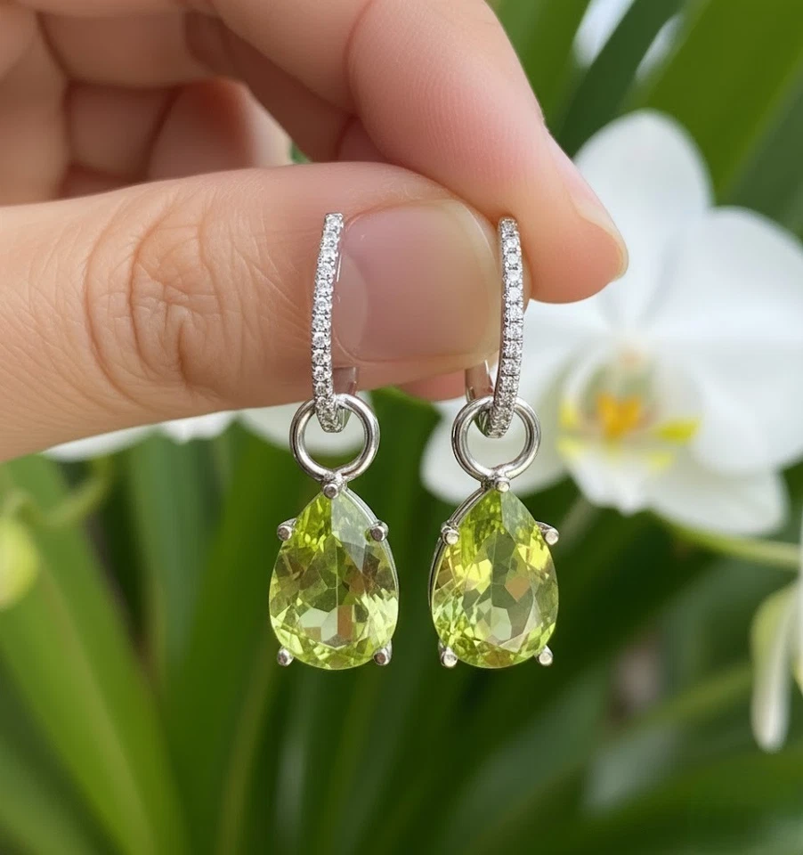Natural Green Peridot Earrings 2.50Ct Pear Cut Dangle 14K White Gold Plated 925 - Image 3 of 4
