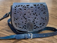 Blue Leather Tooled Boho Western Saddle Bag, Handmade Style, Botanical Cutwork