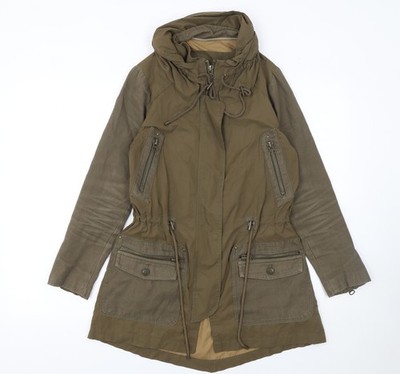 Zara Basic Damen Parka Jacke grün mit Kapuze XS lang Twill Baumwollmischung
