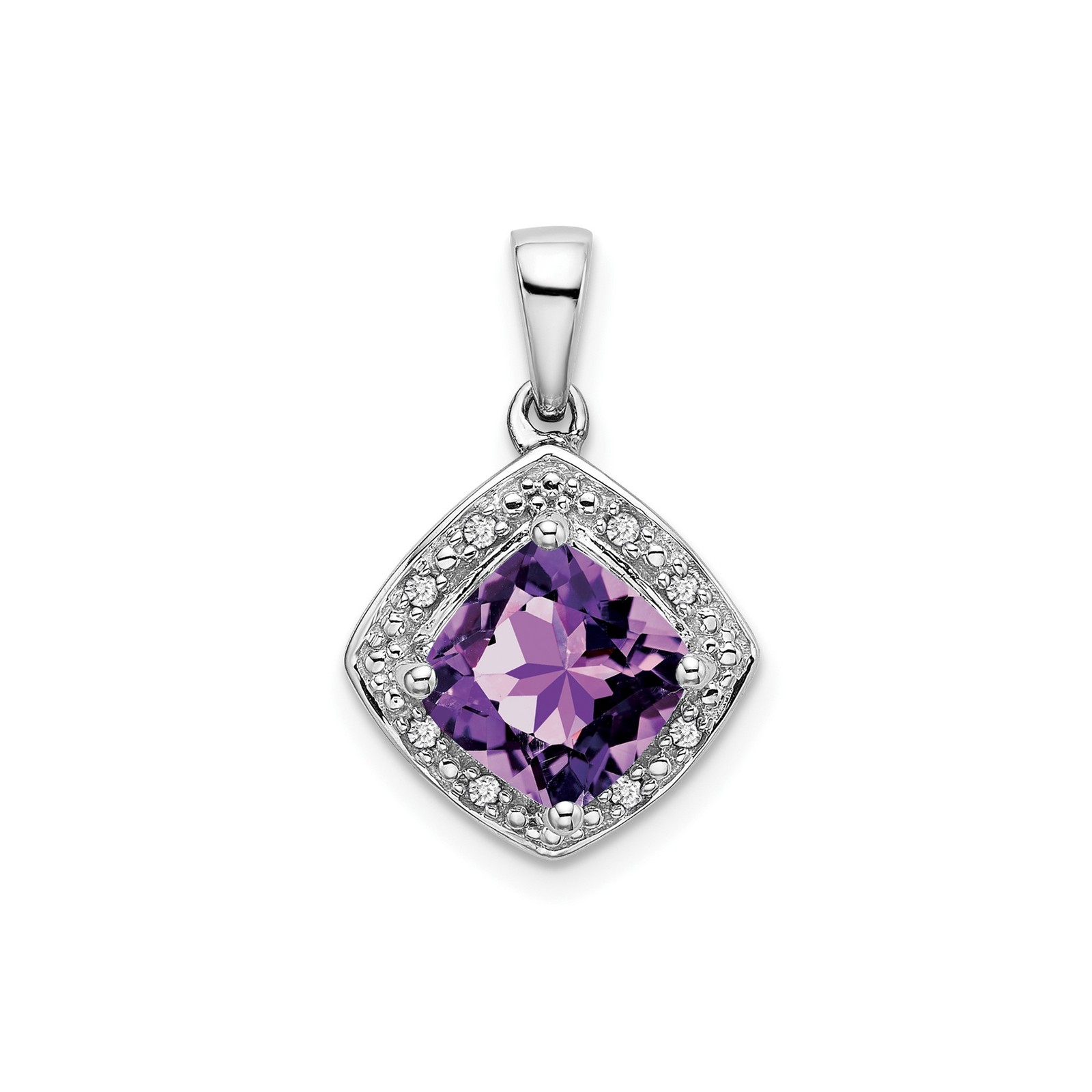 14k White Gold Cushion Amethyst Diamond Halo Pendant Necklace for Women