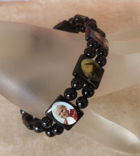 New ITALY Glass Religious Catholic Picture Tiles Stone Beads Stretch Bracelet LG - Afbeelding 1 van 11