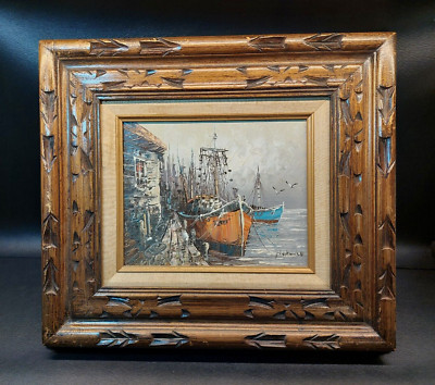Vintage Dockside Boats Harbor Wood Framed Canvas Oil Painting Signed Florence