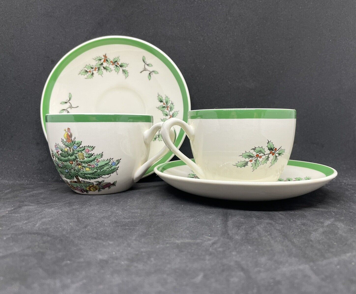 Pair of Vintage Spode Christmas Tree Cup & Saucer Sets, S3324