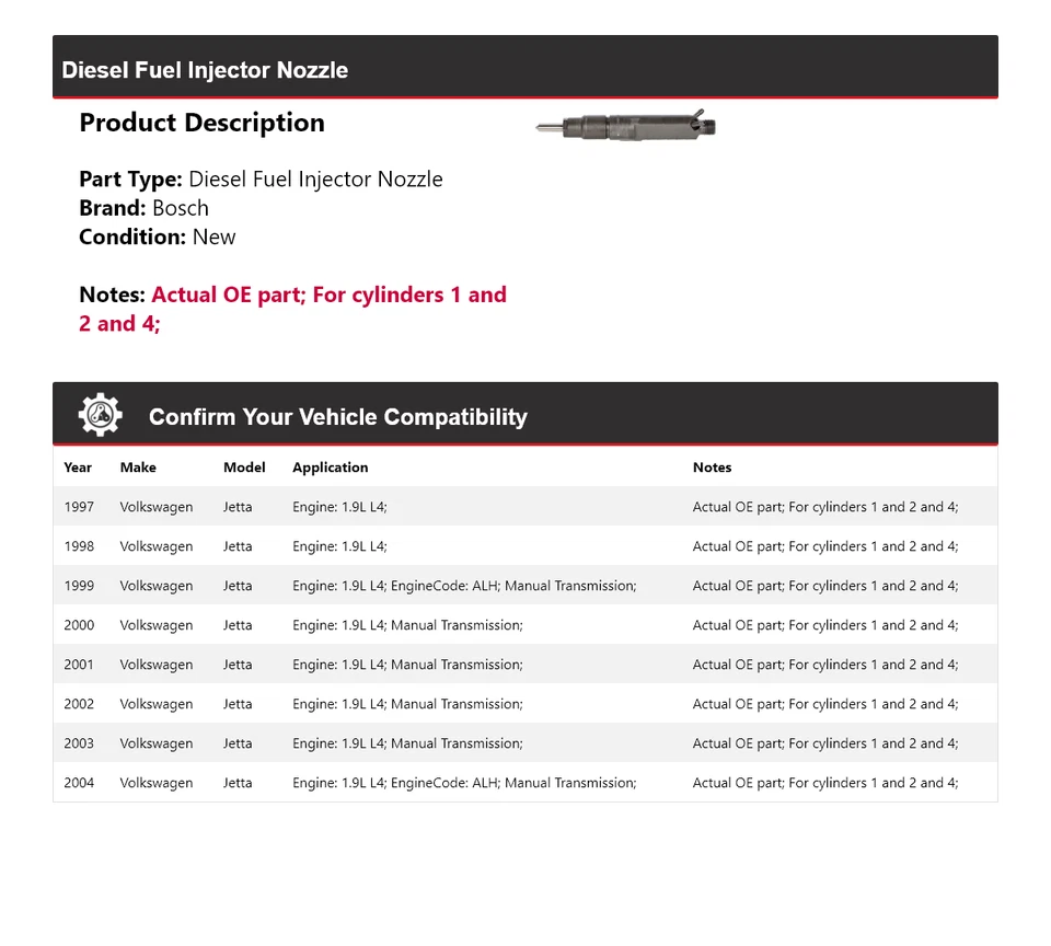 Boquilla inyectora de combustible diésel Bosch 1998 para Volkswagen Jetta 1997-2004 1,9 L L4 Foto 2 de 4