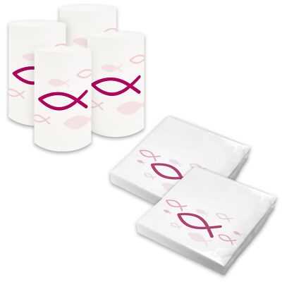 itenga 6x Windlichter 40 Servietten Fisch weiß pink Taufe Kommunion Konformation