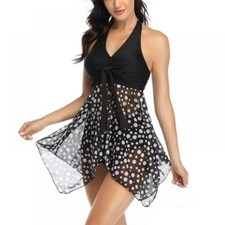 Womens Two Piece Halter Swimsuit Tankini Set - Black White Polka Dots