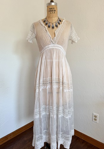 Antique Edwardian French Lace Gown White Cotton 1910s Valenciennes Lace Dress