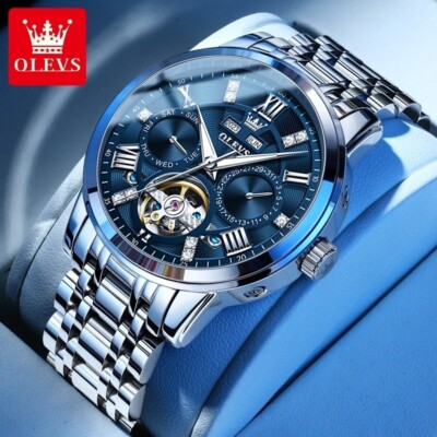 OLEVS Luxury Skeleton Automatic Mechanical Watch Men Auto Day&Date Self-Wind 30M