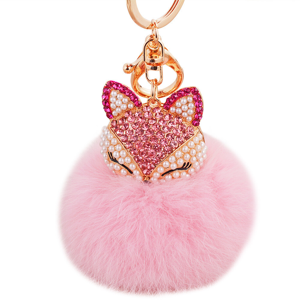 Fox Head Rabbit Fur Ball Key Ring Keychain Women's Crystal Fashion Car ...