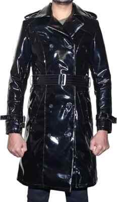 PVC MEN Long Black Raincoat Trench Jacket Outdoor Shinny Gothic