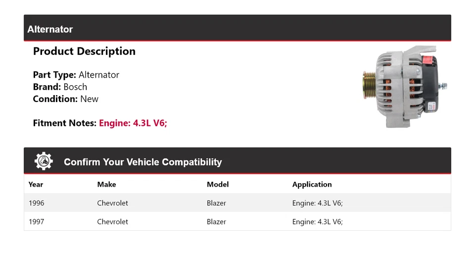For 1996-1997 Chevrolet Blazer 4.3L V6 Bosch Alternator (New) - Image 2 of 4
