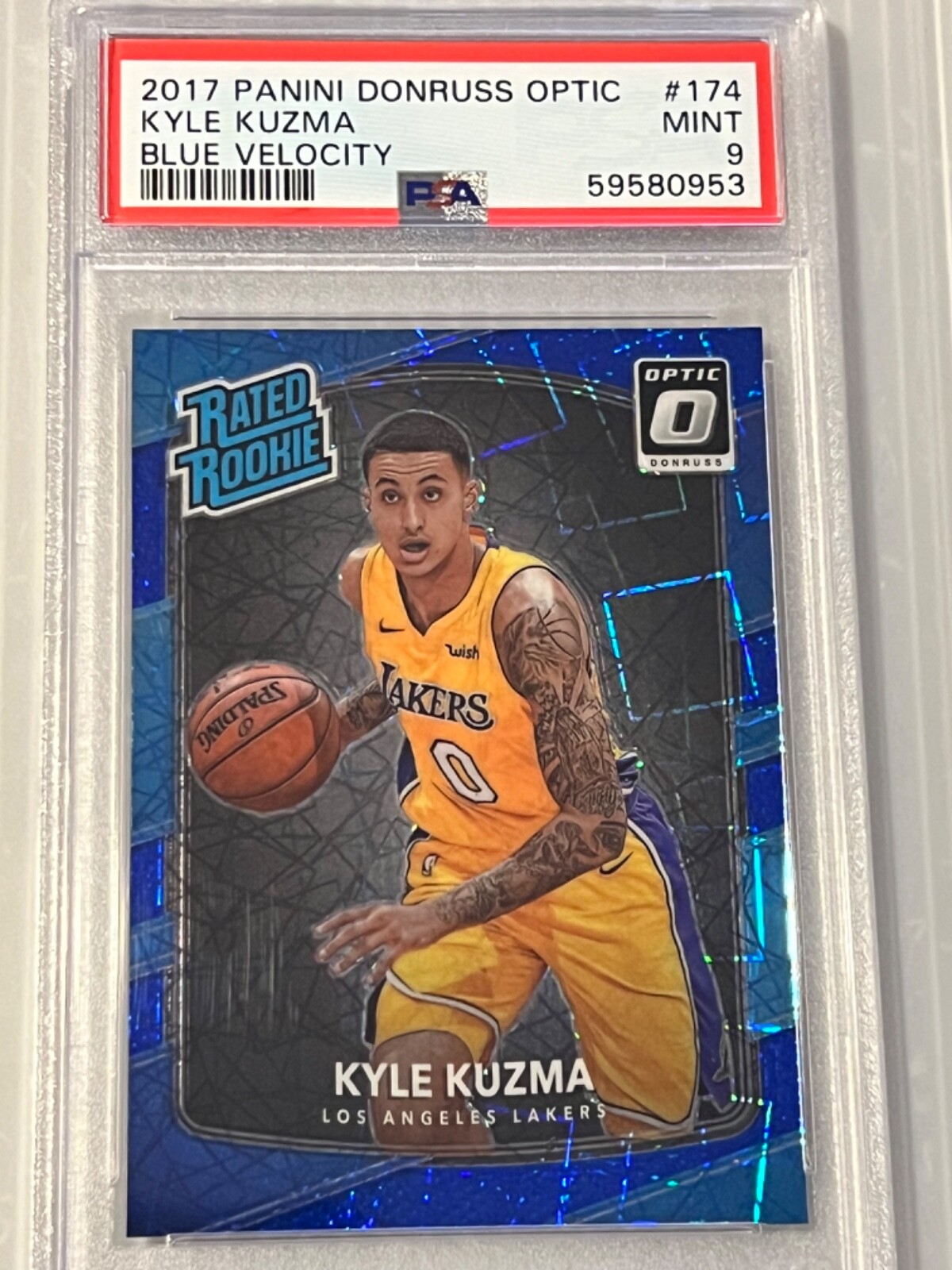 2017-18 Panini Donruss Optic Kyle Kuzma Blue Velocity Rated Rookie #174 PSA 9