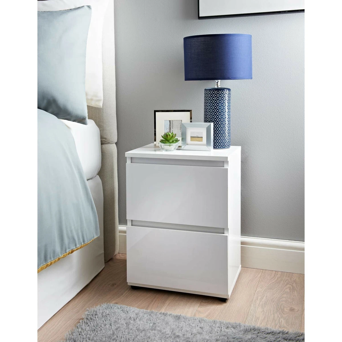 Modern White 2 Drawers Bedside Table Cabinet White High Gloss