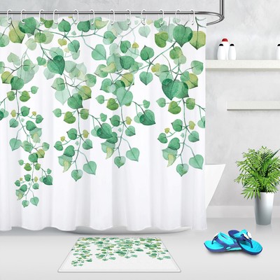 White Background Watercolor Green Leaves Pattern Fabric Shower