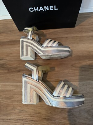 Authentic Chanel Silver And White Striped Wedges Heels