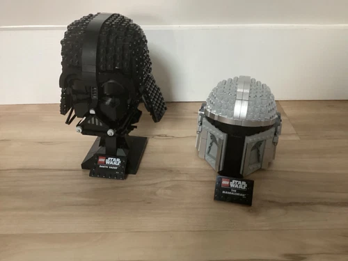 LEGO Star Wars: The Mandalorian Helmet no base and Vader helmet with base.