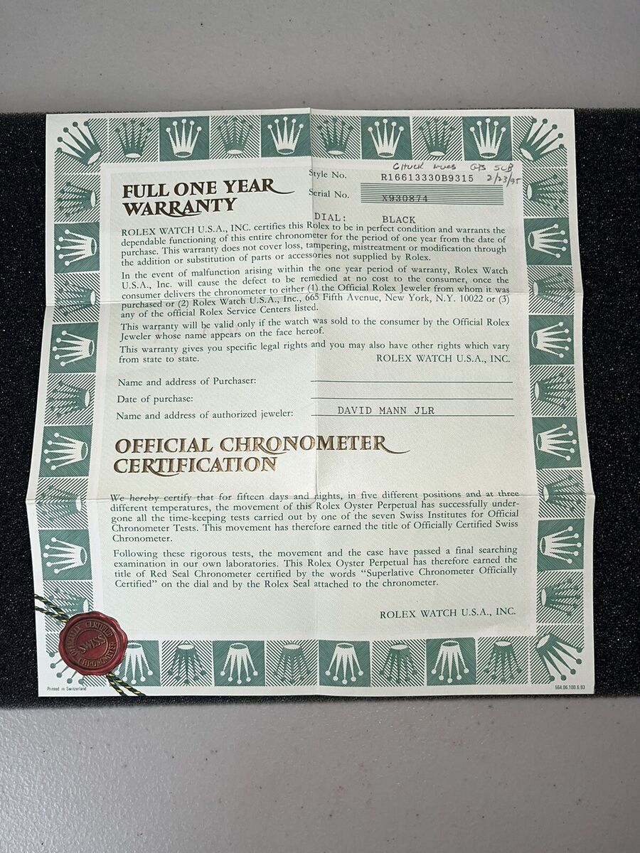 Rolex Certificate Paper Guarantee/Garantie 16613 Submariner Rolex Certificate Paper Guarantee/Garantie 16613 Submariner