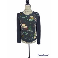 Lisa International Petite Womens Beaded Christmas Sweater Winter Village Sequins