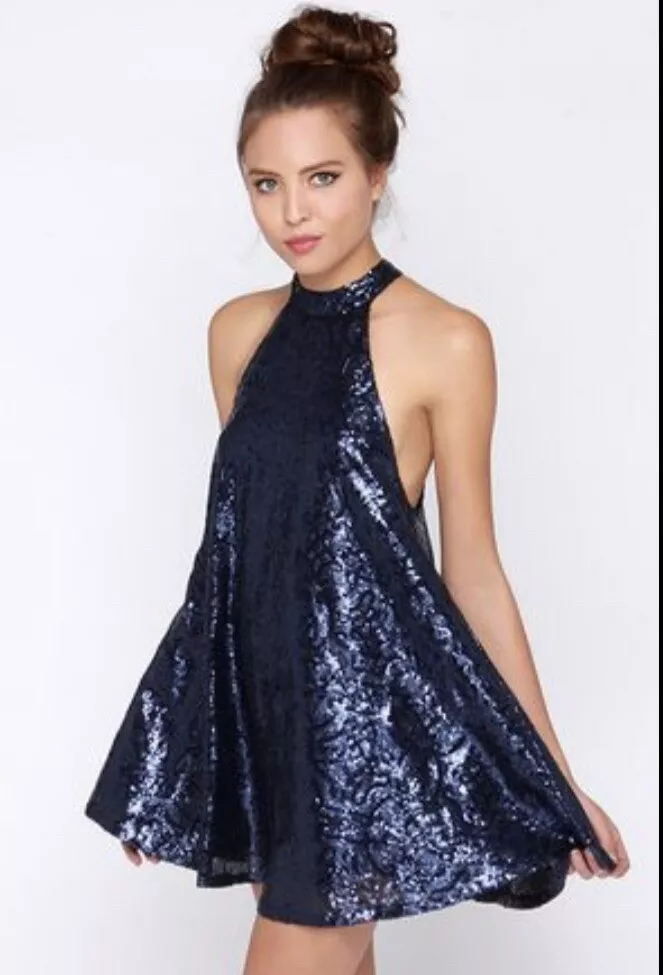 Blue sequin halter dress top
