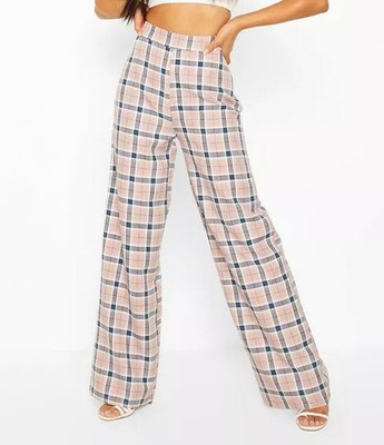 Boohoo Pastel Check Wide Leg Trousers 