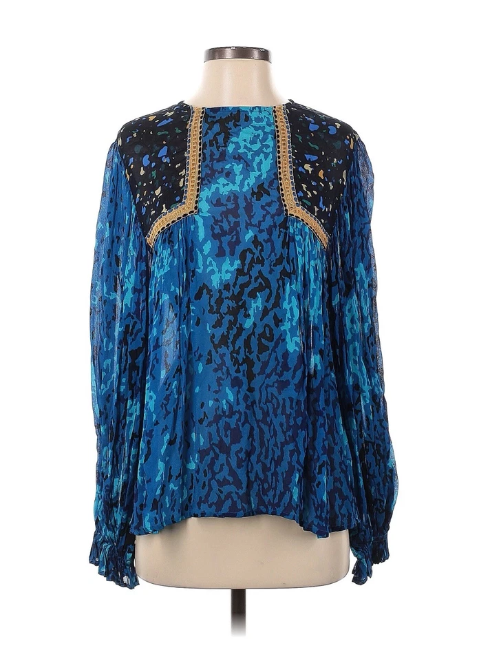 Blank London Anthropologie Blue Cheetah Blouse Size Small Pleated Puff Sleeve