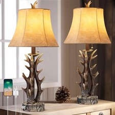 Antler Table Lamps Set of 2 with USB A C Ports Brown- Faux Leather Bell Shade