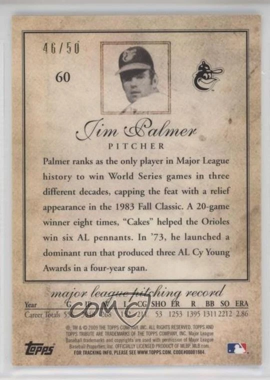 2009 Topps Tribute Gold /50 Jim Palmer #60 HOF - Image 2 of 2