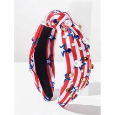 Patriotic Red White Blue Knotted Headband with Pearls  Gems