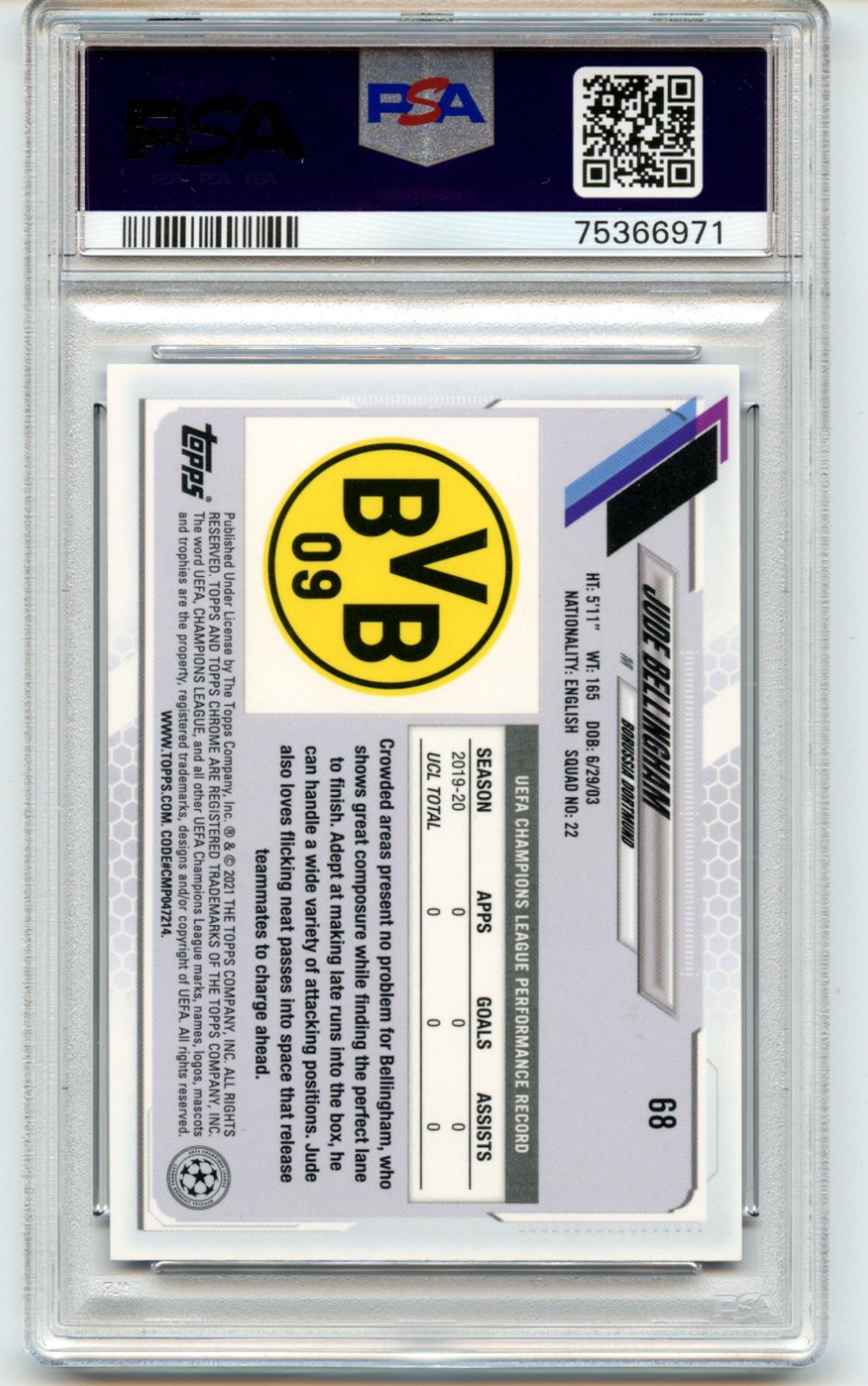 2020-21 Topps Chrome UCL Sapphire Rookie RC #68 Jude Bellingham England PSA 10 view 2