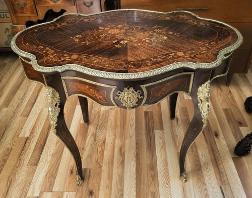 Antique FRENCH Napoleon III Rosewood Bronze Mounted Inlaid Floral 1 Drawer DESK