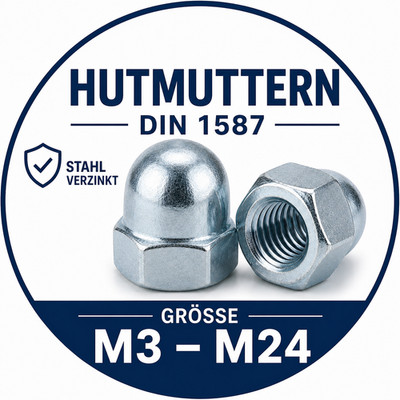 Hutmutter stahl verzinkt DIN 1587    Mutter M3 M4 M5 M6 M8 M10 M12 M14 M20 M24