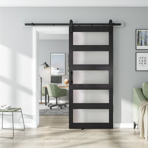 36'' x 84'' Glass Barn Door and 6.6 Ft Hardware Kit Included, MDF White Barn ...