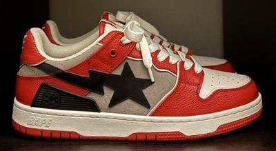A Bathing Ape Bape SK8 STA Red Grey Sneakers Men's Size 9.5 TRIED ON