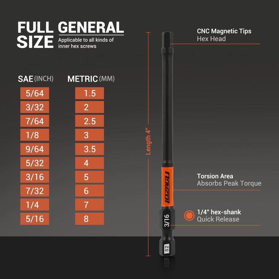 21-Piece Hex Head Allen Wrench Drill Bit Set, Metric and SAE S2 Steel Hex... - Image 4 of 4