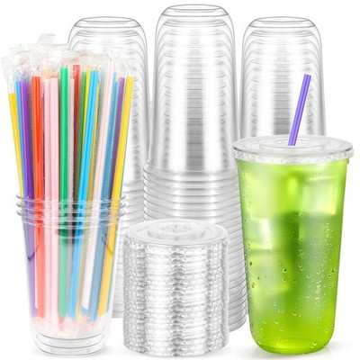 Etersky 100Pcs 20 Oz Clear Plastic Cups Lids And Colorful Straws Round Bottom