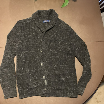 Polo Ralph Lauren Waffle Shawl Collar Black Premium Cardigan Sweater Size L $220