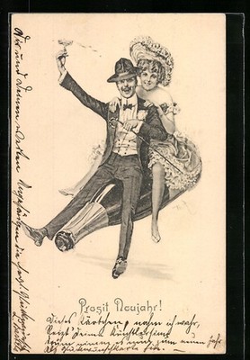 Artist postcard Theo Zasche: couple flying on a champagne bottle, New Year greeting 