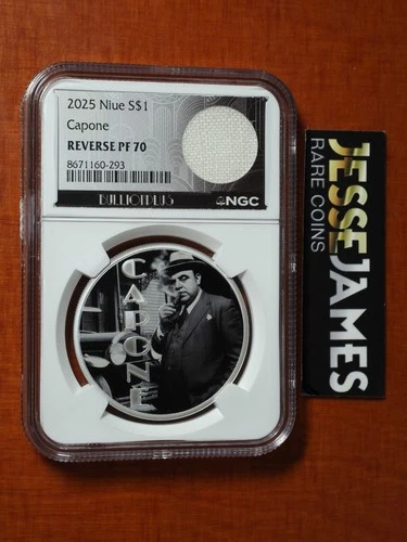 2025 $1 NIUE REVERSE PROOF SILVER AL CAPONE NGC PF70 TABLECLOTH ESTATE SWATCH