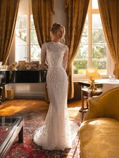 Sequined Lace Mermaid Long Wedding Dress High Collar Lace 3D Flower Bridal Gowns