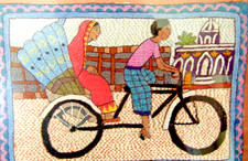 Vtg Aarong Bangladesh Kantha embroider tapestry  rickshaw art framed Folk art
