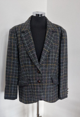 Boden Tweed Jacket Size 20 Grey Lined Purple Blue Yellow Checked READ Pure Wool 