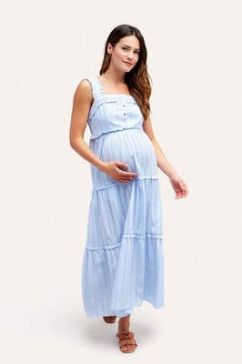 NOM MATERNITY Emma During After Maxi Tiered Dress S Nursing Blue White Stripe
