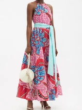 RHODE Maxi Floral Julia Sleeveless Halterneck Tiered Cotton Dress S